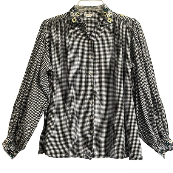 Inoui Paris Tops - SOLD Inoui Paris XS Embroidered Gingham Check Blouse Blue White Balloon Sleev…